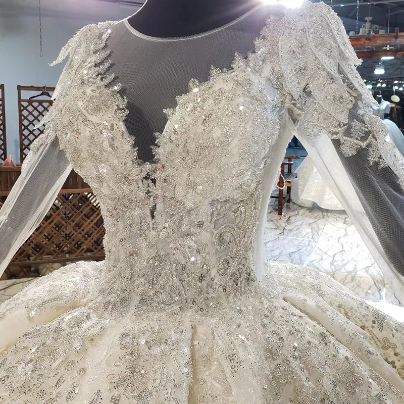 HTL1967 Elegant Extravagant Sequin Crystal Pearls Wedding Dress 2020 Deep Sexy V-Neck Short Sleeve Lace Up Back 4