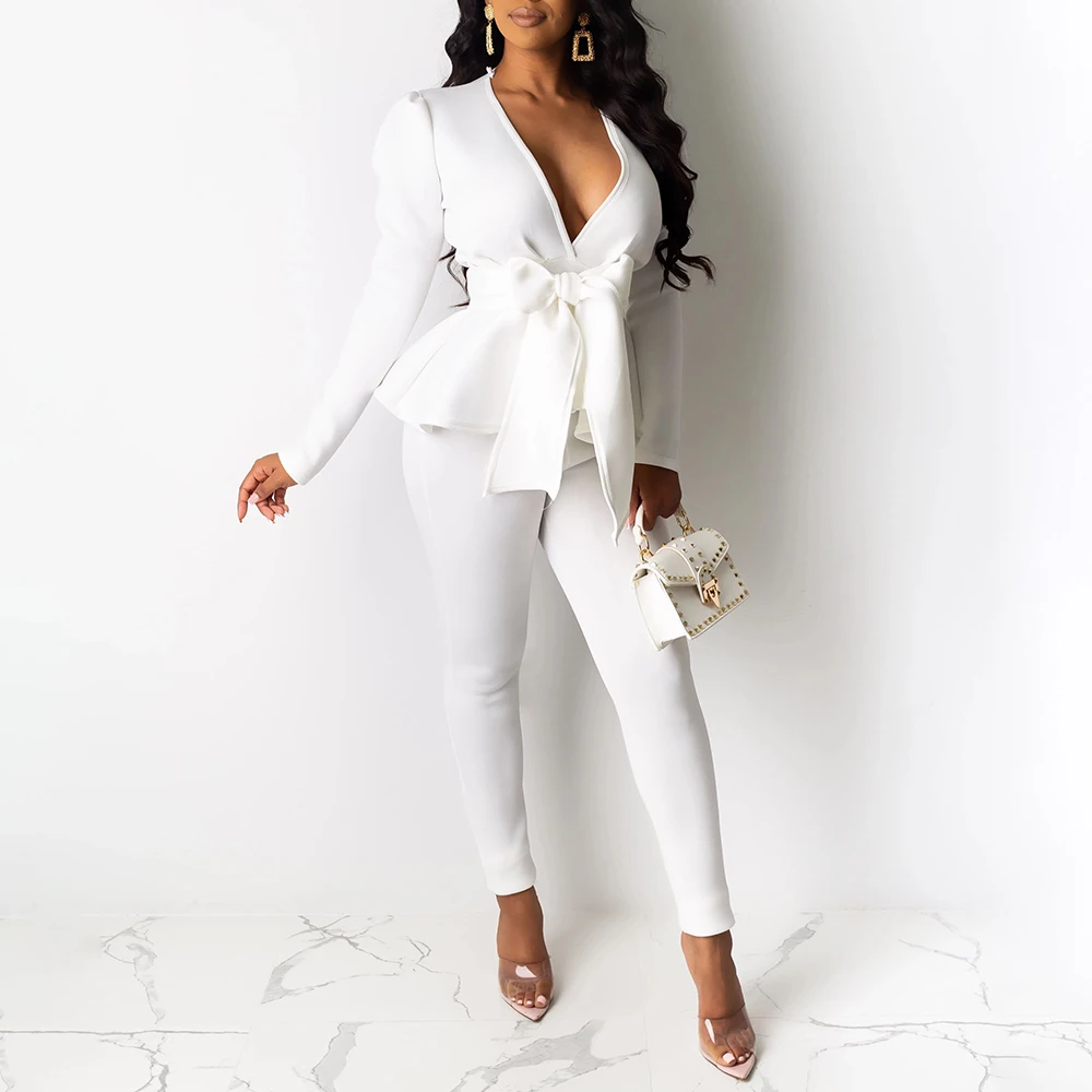 2022 Spring Office Ladies Blue 2 Two Piece Set Top and Pants Suit Elegant Female Casual Business Matching Outfits Women Clothing women's short suit set Suits & Blazers