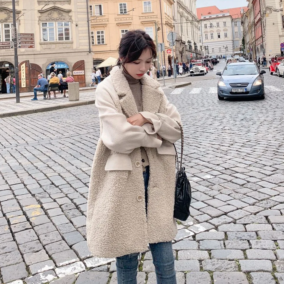 

Photo Shoot Main Push Beige Mid-length Suit Collar Single Breasted Lambs Wool Joint Mock Two-Piece Yarn Cotton Overcoat Women's