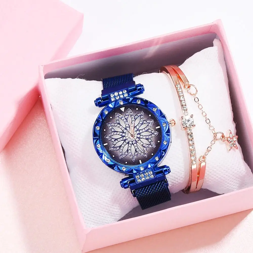 Модные женские сетчатые часы с магнитной пряжкой, роскошные женские часы с цветочным принтом, стразы, кварцевые часы, Набор браслетов для женщин, Relogio Feminino - Цвет: Blue Set