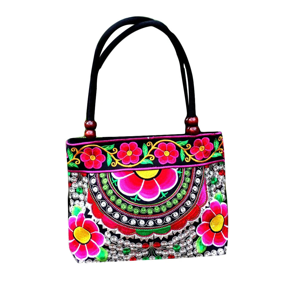 

Women's Handbags Vintage Floral Embroidery Ethnic Canvas Wood Beads Double Layered Shoulder Bag Sent in Random #