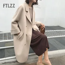 Плюс размер шерстяное пальто Женская модная двубортная верхняя одежда средней длины Женская свободная отложной воротник осенне-зимняя шерстяная верхняя одежда