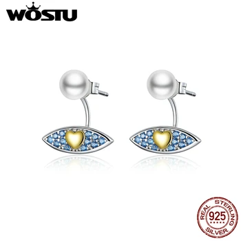 

WOSTU Real 925 Sterling Silver Demon Eye Stud Earrings For Women Blue Zircon Pearl Small Earrings Engagement Jewelry CQE822