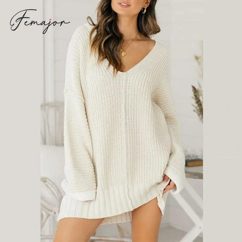 

Femajor Women Winter Casual Solid Color Oversize Jumpers Fashion V Neck Pullovers 2019 Fall Female Long Sleeve Knit Tops Larger