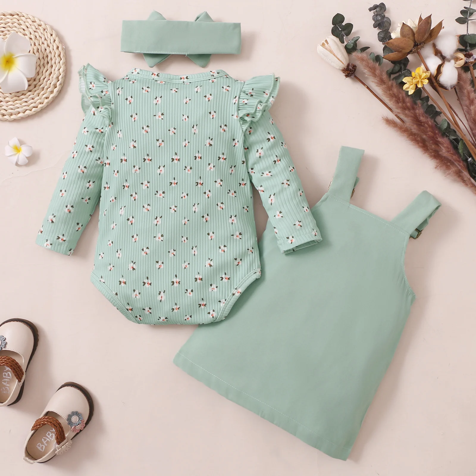 3pcs Children Baby Girl Casual Fly Sleeve Knitted Jumpsuits + Pocket Suspender Dress+ Headwear Clothes Infant Cotton Outfits kids clothes set baby girl clothing set