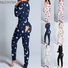 Sexy Women Pajamas Onesies Button-down Front Functional Buttoned Flap Adults Pyjama V-neck Long Sleeve Jumpsuit Female Sleepwear