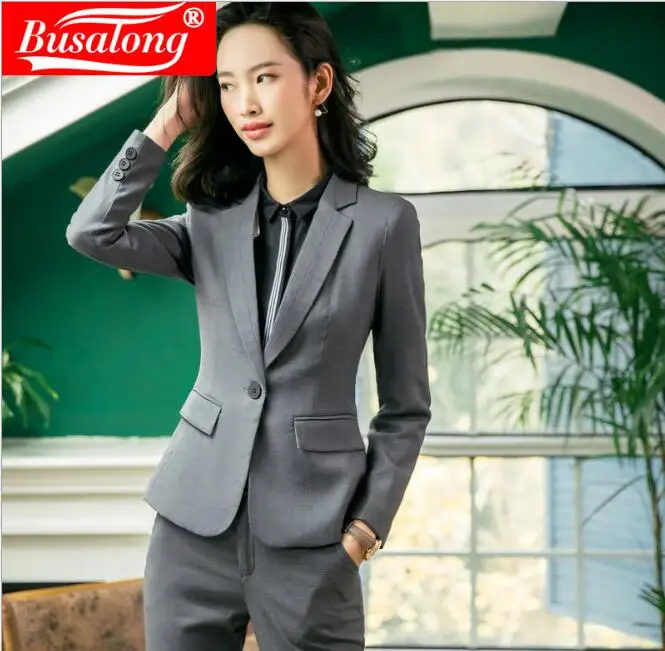 pantsuitgrey Винтажные повседневные женские костюмы с юбкой, блейзер и юбки, высокое качество, ткань, для бизнеса, офиса, для девушек, рабочая одежда, элегантный комплект с юбкой - Цвет: pantsuitgrey