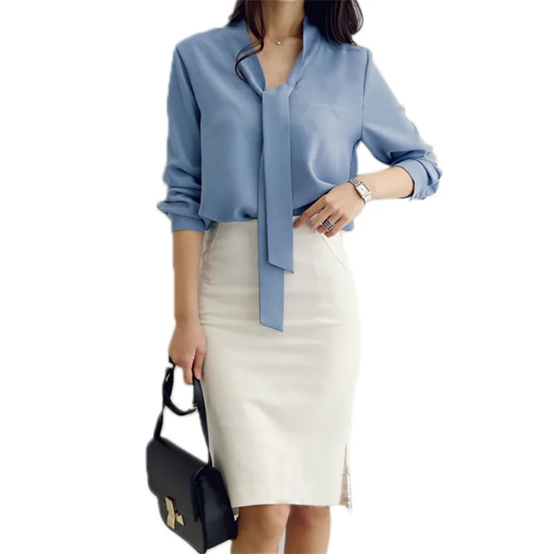 

PD Long Sleeve Shirt Blouse Bow Ribbon Solid Color Front Long Banquet Office Ol Style Spring Autumn Woman Chiffon Shirt