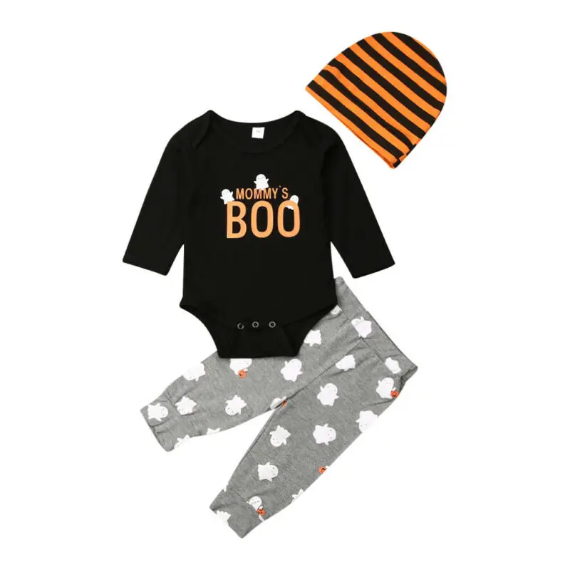 0-24M Halloween Baby Costumes Newborn Infant Baby Boy Girl Clothing Set Cartoon BOO Letter Romper + Pants + Hat Outfits