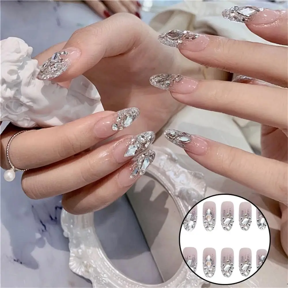 24Pcs Luxe Shining Rhinestone Wedding False Nails Transparent Glitter Gems  Crown Designed Square Full Short Fake Art Bride - AliExpress