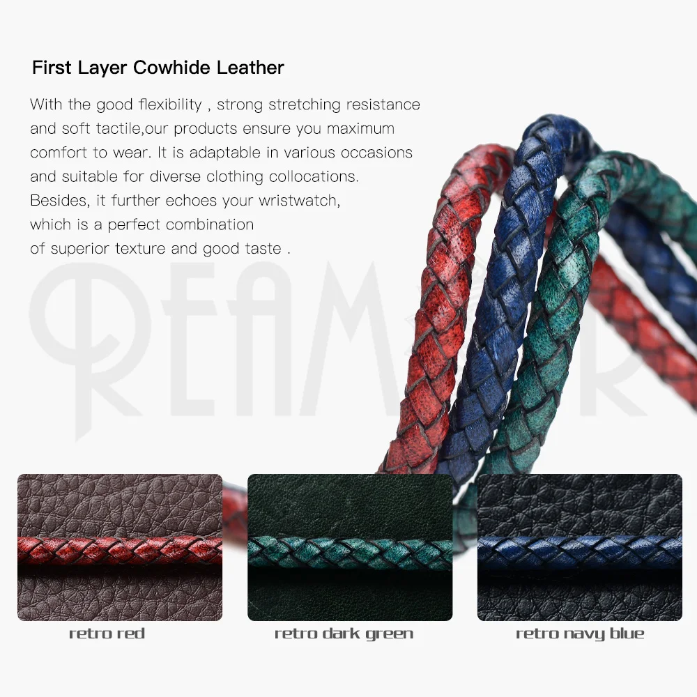 REAMOR Retro Green Blue Cowhide Genuine Leather Adjustable Bracelet Men Stainless steel Beads Handmade Braided Bracelets Bangles