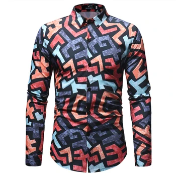 

Stylish Abstract Geometric Print Shirt Male 2018 New Long Sleeve Slim Fit Mens Dress Lapel Tops Casual Button Down Shirt