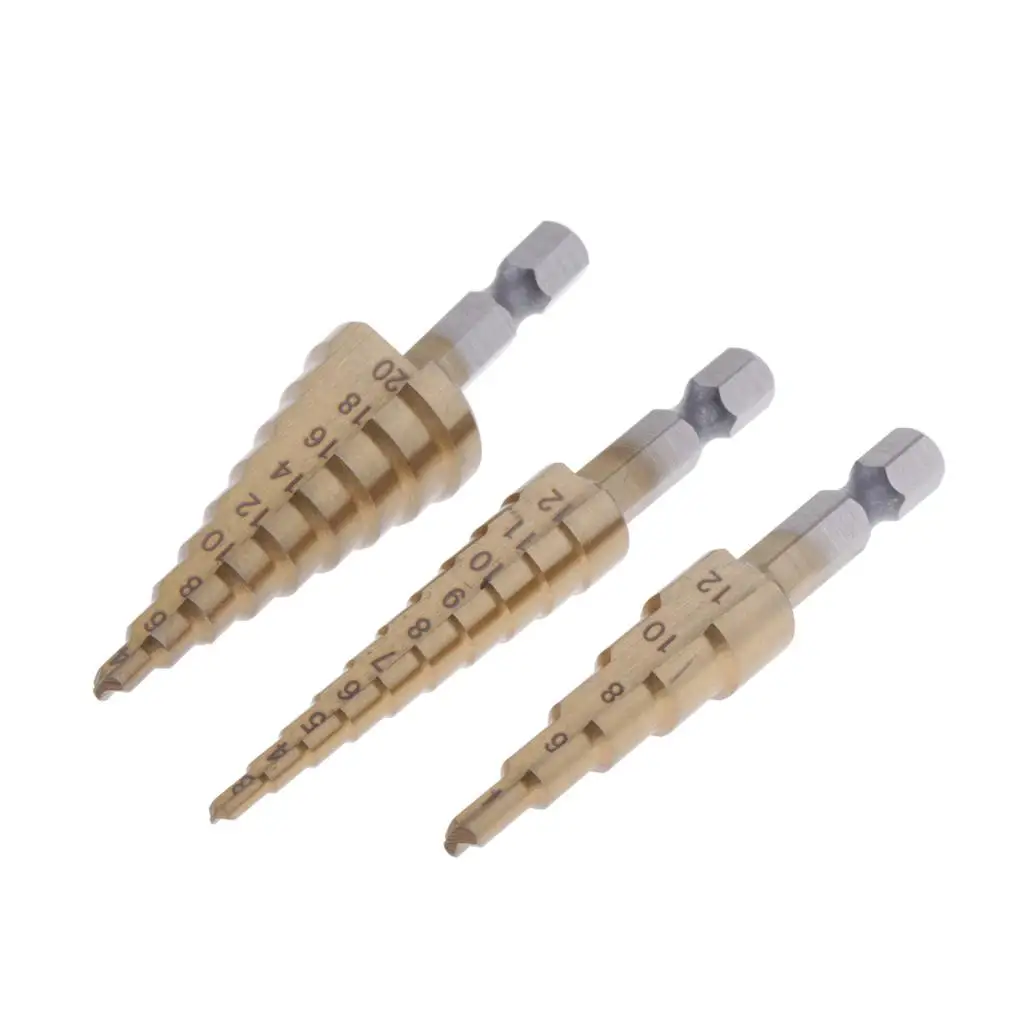 3 Pieces Step Drill Bits Cone Cutt Toos Woodworking Metal Titanium HSS Step Drill Bit 3-12/4-20/12mm
