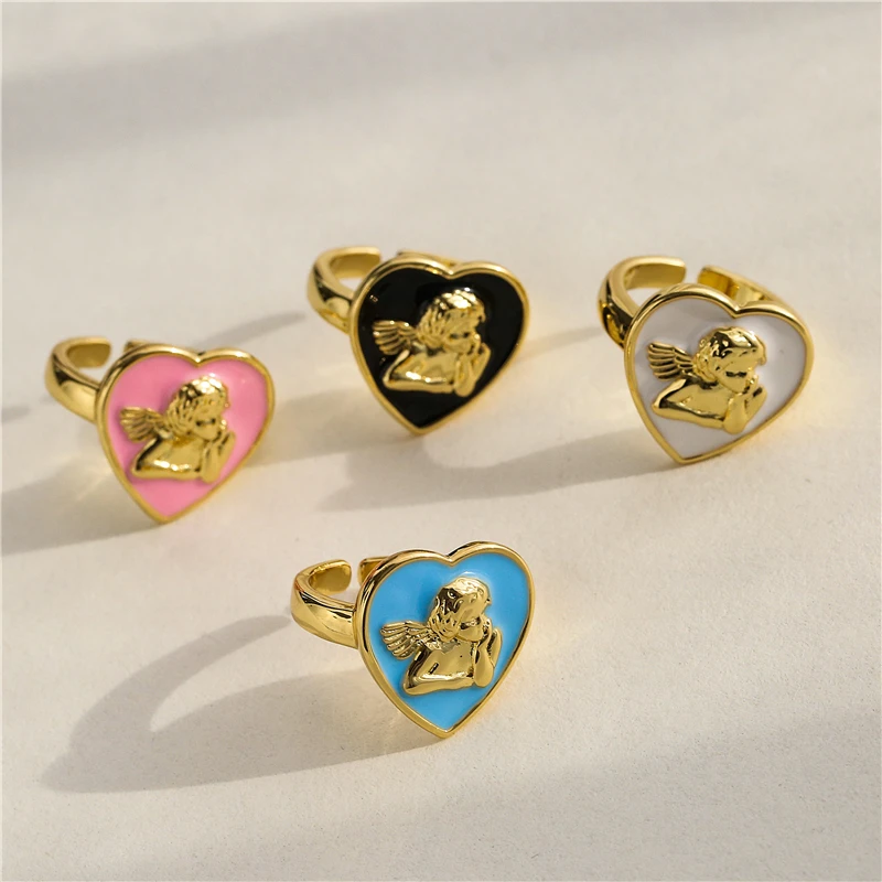 bague colorée en forme de cœur pour femmes, anneau ajustable, Vintage, cupidon, croix