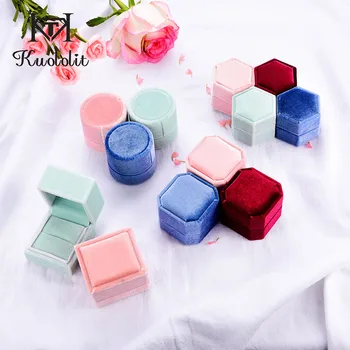 

Kuololit Wholesale Velvet Ring box for Women Pink green blue red hexagon Octagon Round rectangle Jewelry Boxes for Engagement