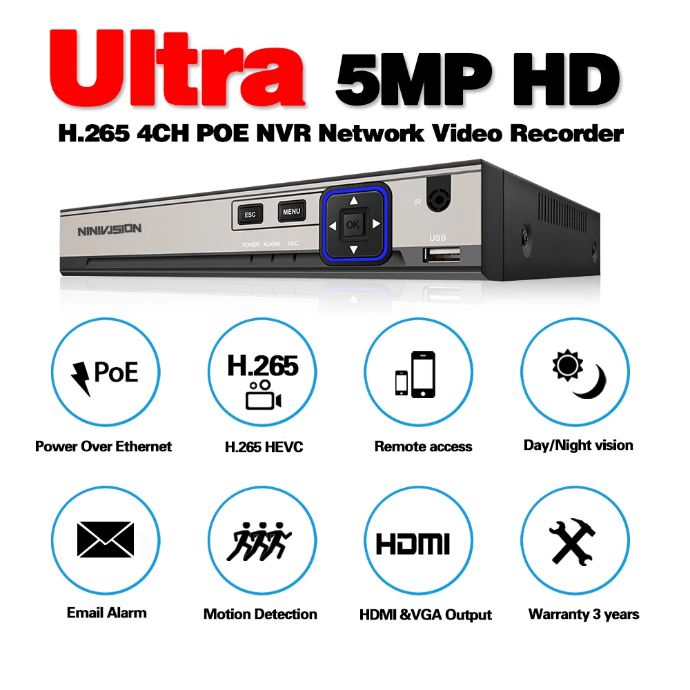  H.265 CCTV PoE NVR 4CH 5MP 8CH 5MP IEE802.3af 48V PoE CCTV Video Recorder For H.265 H.264 IP Camera - 4.00059E+12