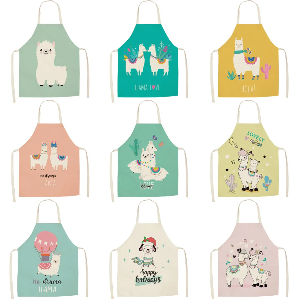 1Pcs Cute Alpaca Kitchen Cooking Aprons For Women Chefs Baking Bibs Waterproof Cotton Linen Household Cleaning Apron Delantales