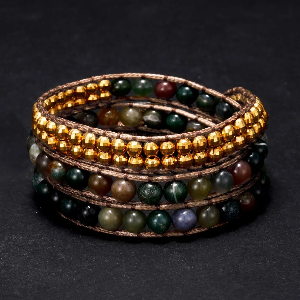 Women Bohemian Bracelets Vintage Multi-layer Leather Wrap Bracelet Handmade Rope Indian Natural Stone Bracelets Dropship