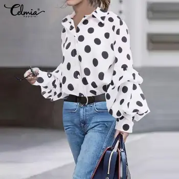 

Celmia Elegant OL Women Lantern Sleeve Blouse 2020 Ladies Lapel Casual Polka Dot Shirts Plus Size Tops Buttons Loose Blusas 5XL
