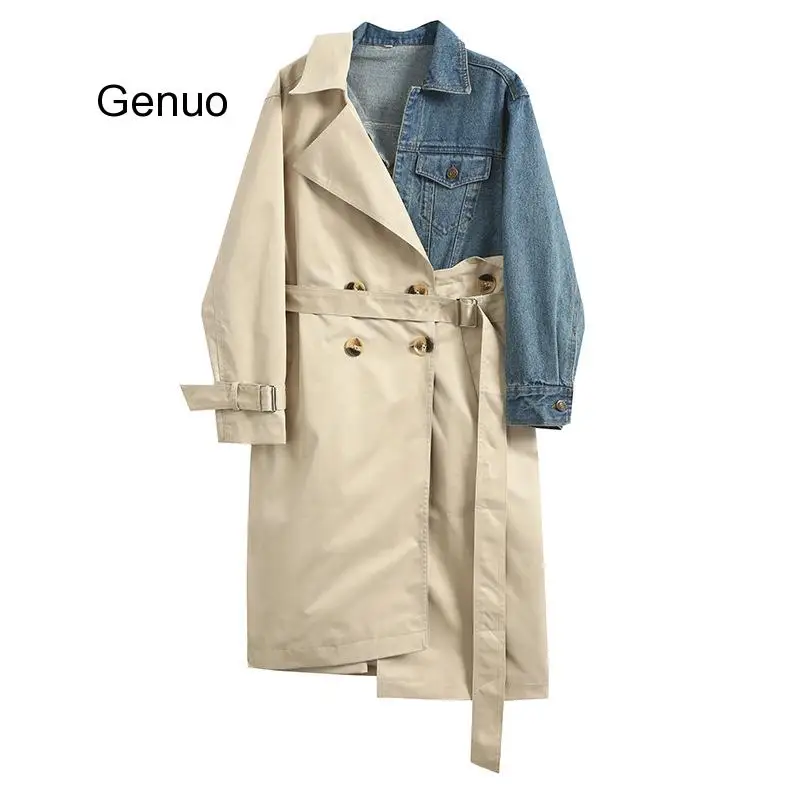 Patchwork Windbreaker Denim Stitching Trench Coat British Style Long Sleeve Loose Coat Female Asymmetric Casual Trench Jacket