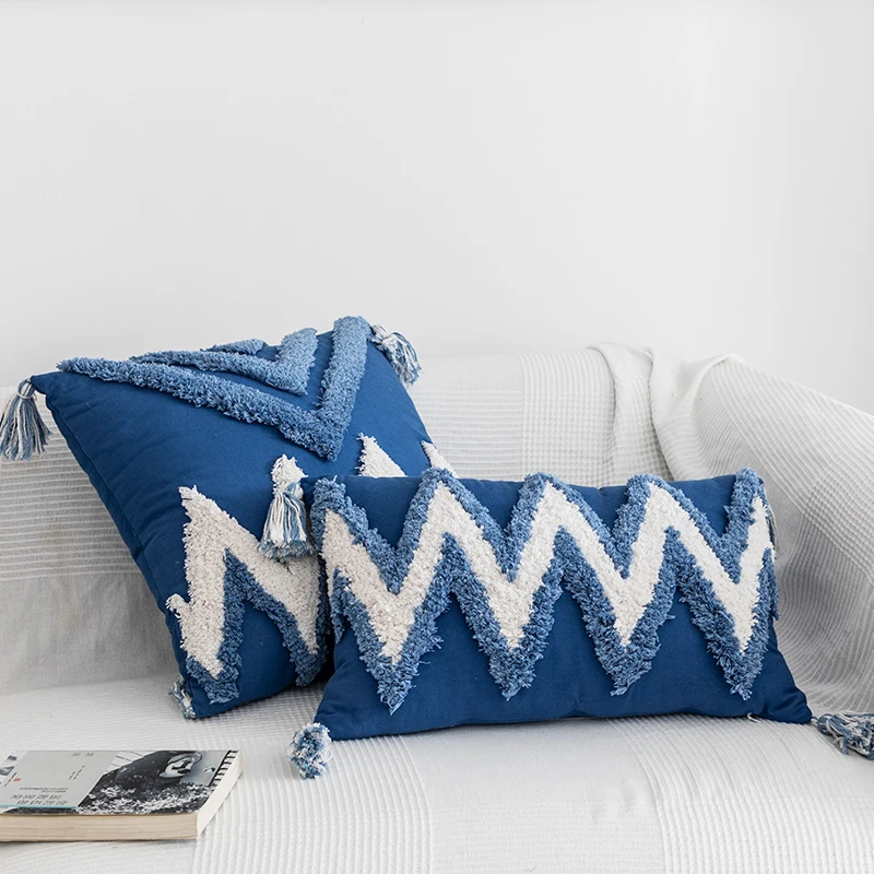 Günstig Handgemachte Kissen Abdeckung Marokkanischen Stil Abstrakte Zickzack Navy Blau Kissenbezug Quasten Fringe Quadrat Rechteck Kissen Abdeckung 45x45cm  30x50cm Hause Dekoration Senf