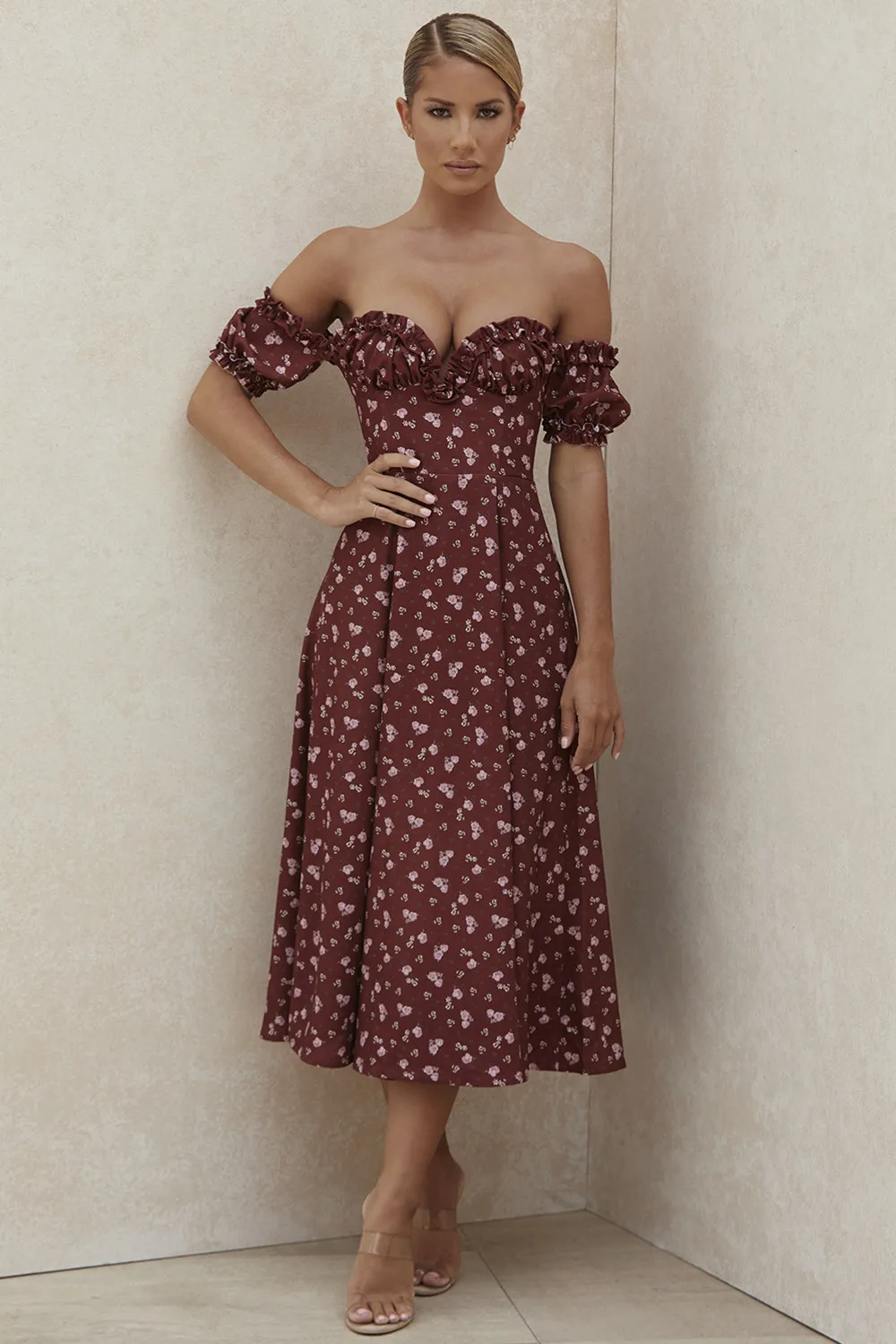 

2020 Autumn Women's New Style Dress Sexy Ruffled Off-Shoulder Split Dress Fashion Retro Floral Party Casual And Calf Dress