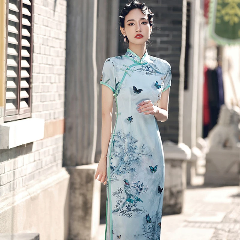 2021 New Chine National Cheongsam Dress Butterfly Printed Tang Slim Fashion Retro Short Sleeve Cheongsam Dress Code M-4XL [предзаказ] bts 2021 muster sowoozoo digital code диджитал карта