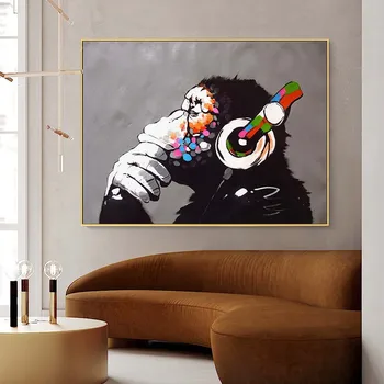 

Funny Animal Canvas Painting Thinking Monkey with Headphone Black White Wall Art Poster and Print Modern Living Room Home Decor