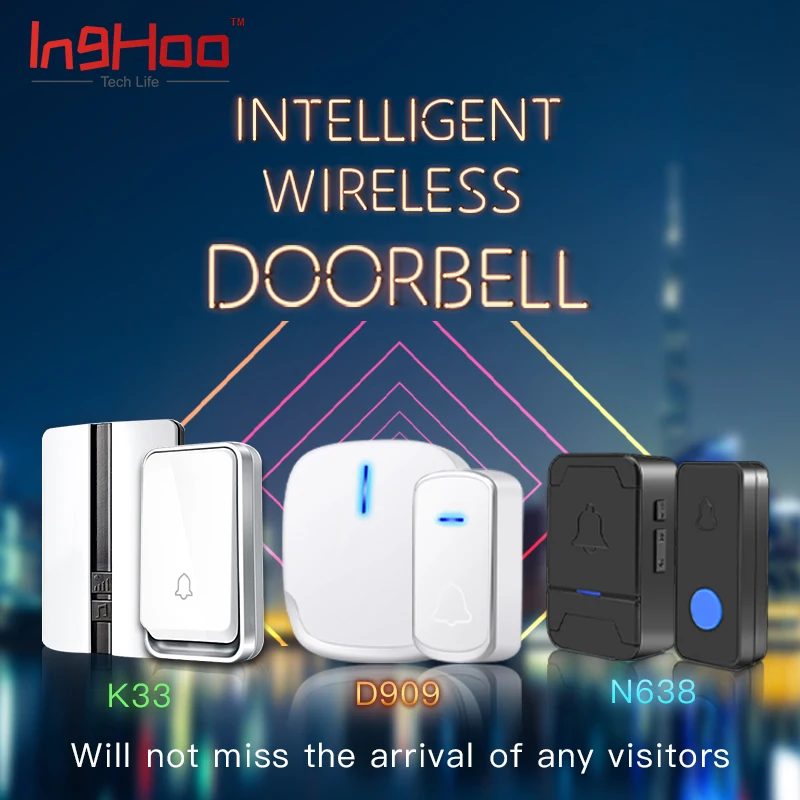 

IngHooUK EU US plug doorbell outdoor wireless waterproof volume adjustment long distance transmission anti-interference doorbell