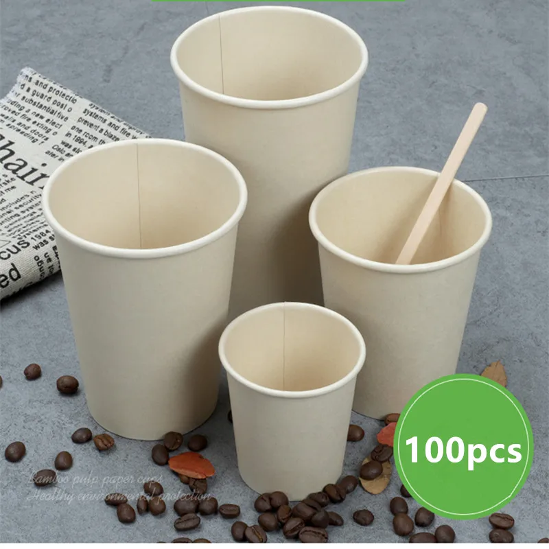 

100pcs Disposable paper cup 4oz 8oz 12oz 16oz household water cup thickening hot and cold milk tea coffee cup original beige cup
