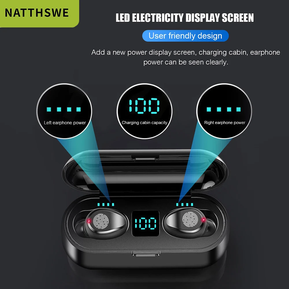 NATTHSWE Bluetooth V5 0 Earphone Wireless Earphones Stereo Sport Wireless Headphones Earbuds headset Power For iPhone x huawei