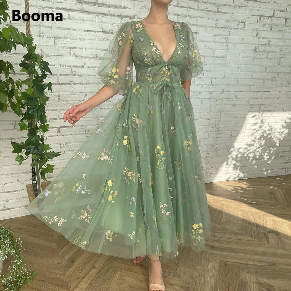 Booma Green Embroidery Lace Midi Prom Dresses Deep V-Neck Half Sleeves Tea-Length Tulle Wedding Party Dresses Formal Gowns 2022