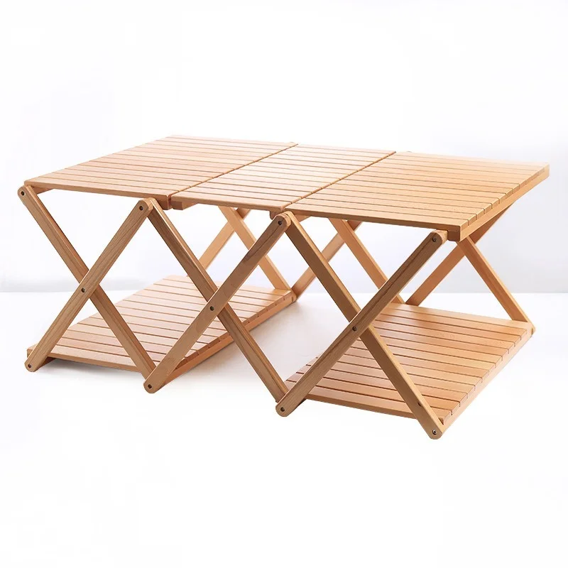 

Folding 3-4 Layer Wooden Storage Rack Portable Foldable multi-layer Shelf Camping Picnic Wood Folding Table