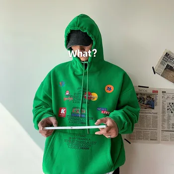 

2019 Autumn New Korean Round Neck Personality Icon Printing Plus Velvet Thickening Hooded Loose Couple Casual Pullover