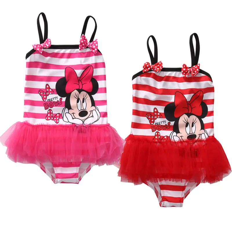 Cute Kids Girls Cartoon Bikini Swimwear Striped Bowknot Tankini Tutu Swimsuit Beachwear Bathing Suit One-Piece
