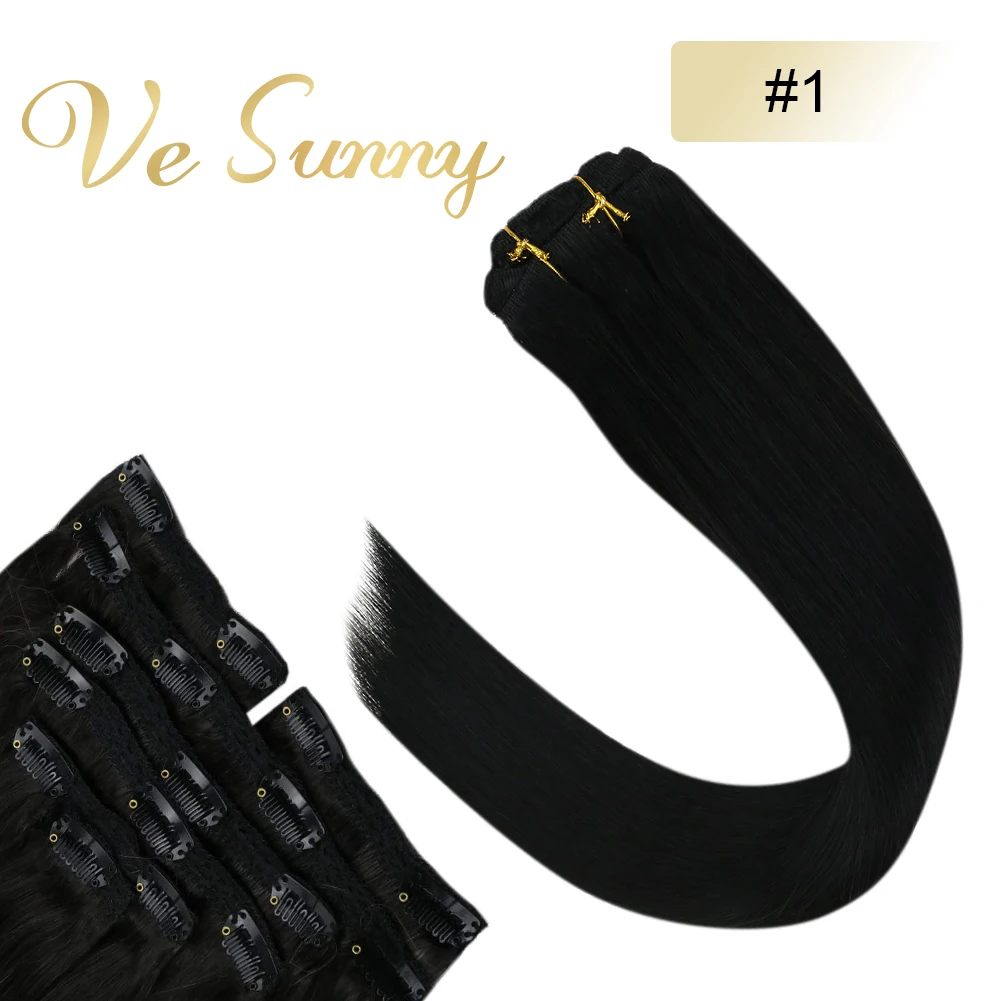 

VeSunny Clip in Hair Extensions Human Hair Double Weft Machine Made Remy Hair 7pcs Clip on Extensions Black#1 120gr