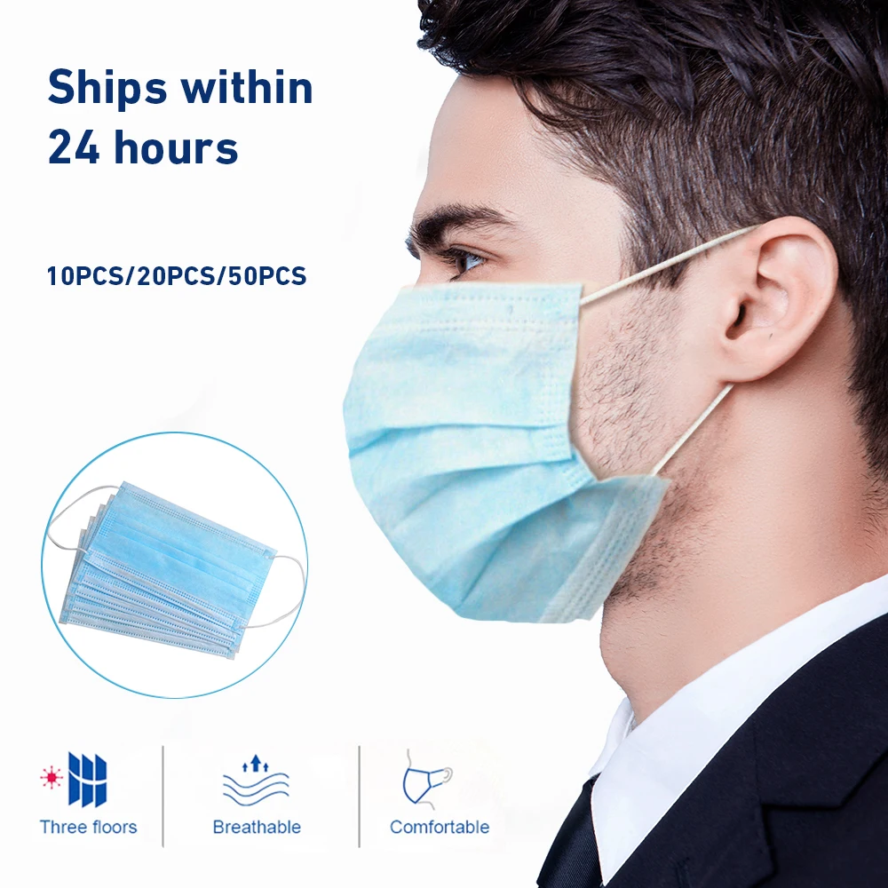 

3 Layer Disposable Mask Non Woven dust protection Masks Face Elastic Ear Loop Filter Safe Meltblown Anti-Pollution 10/50/100 pcs