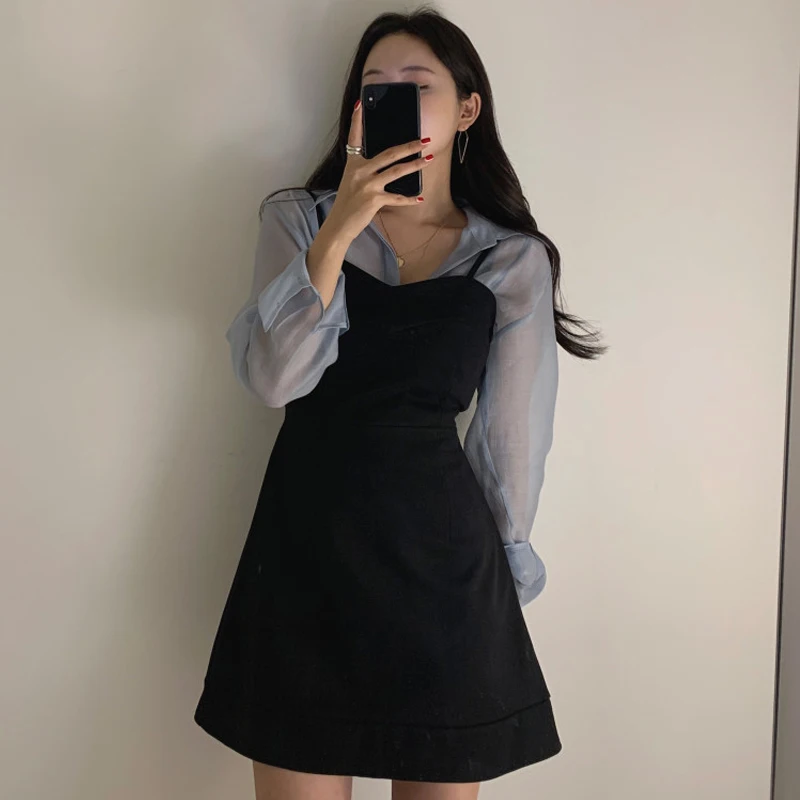 

Office Lady Suit Style Turn Down Collar Slightly Transparent Blouses and Strapless Slim Tunic High Waist Mini Dress Two 2 Piece