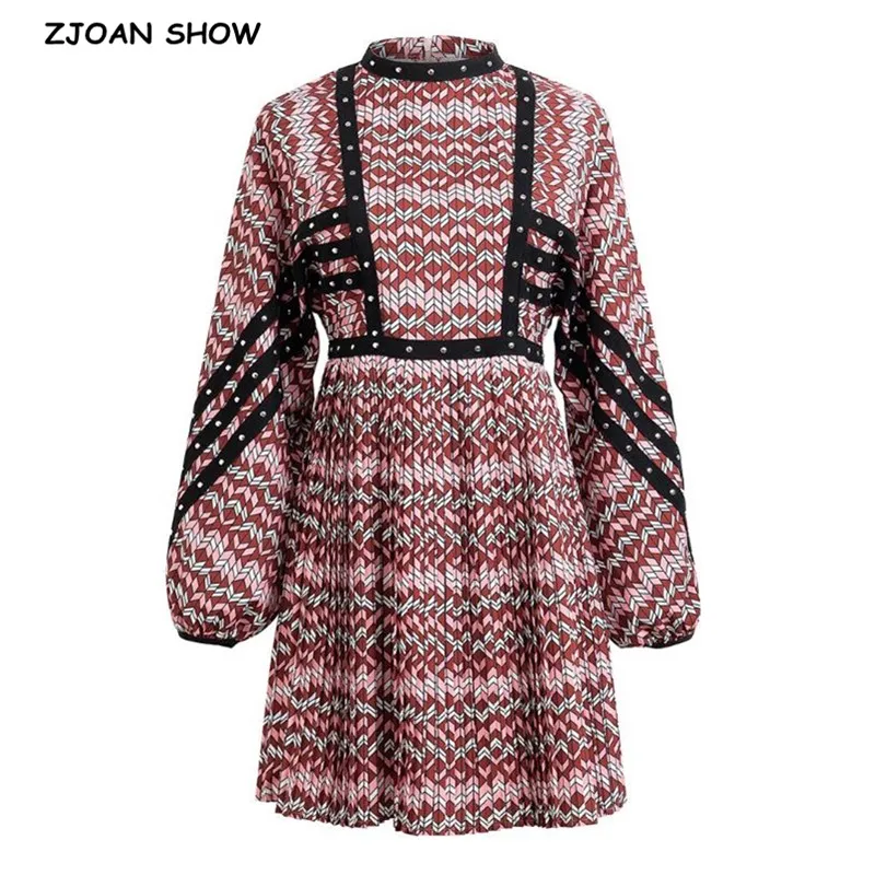 2020 Retro Stand Collar Spliced Rivets Wave Striped Pleated Mini Short Dress Woman Back Zipper Lartern Long sleeve Dresses | Женская