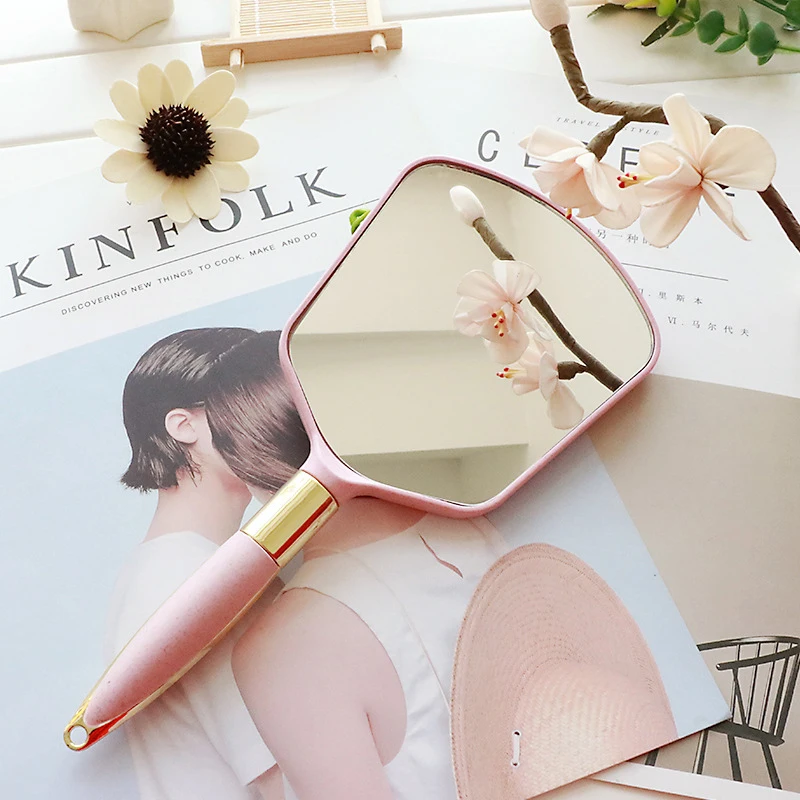 

1pc Makeup Vanity Mirror Rectangle Hand Hold Cosmetic Mirror with Handle for Gifts Cute Pink Plastic Vintage Hand Mirrors
