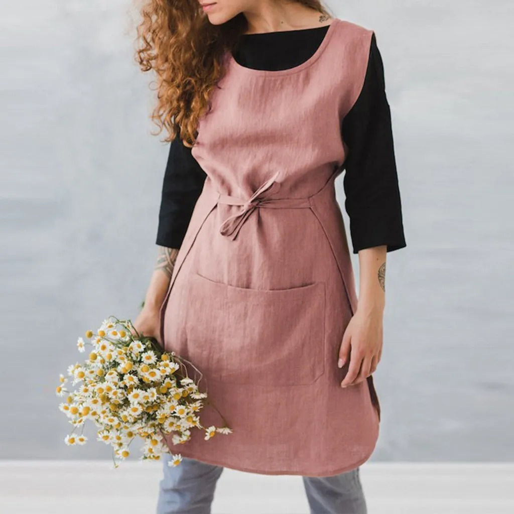 

Fashion Women Sleeveless Cotton Linen Pinafore Home Cooking Painting Flower Shop Working Bib Apron Pocket Coral Pink Dress F1
