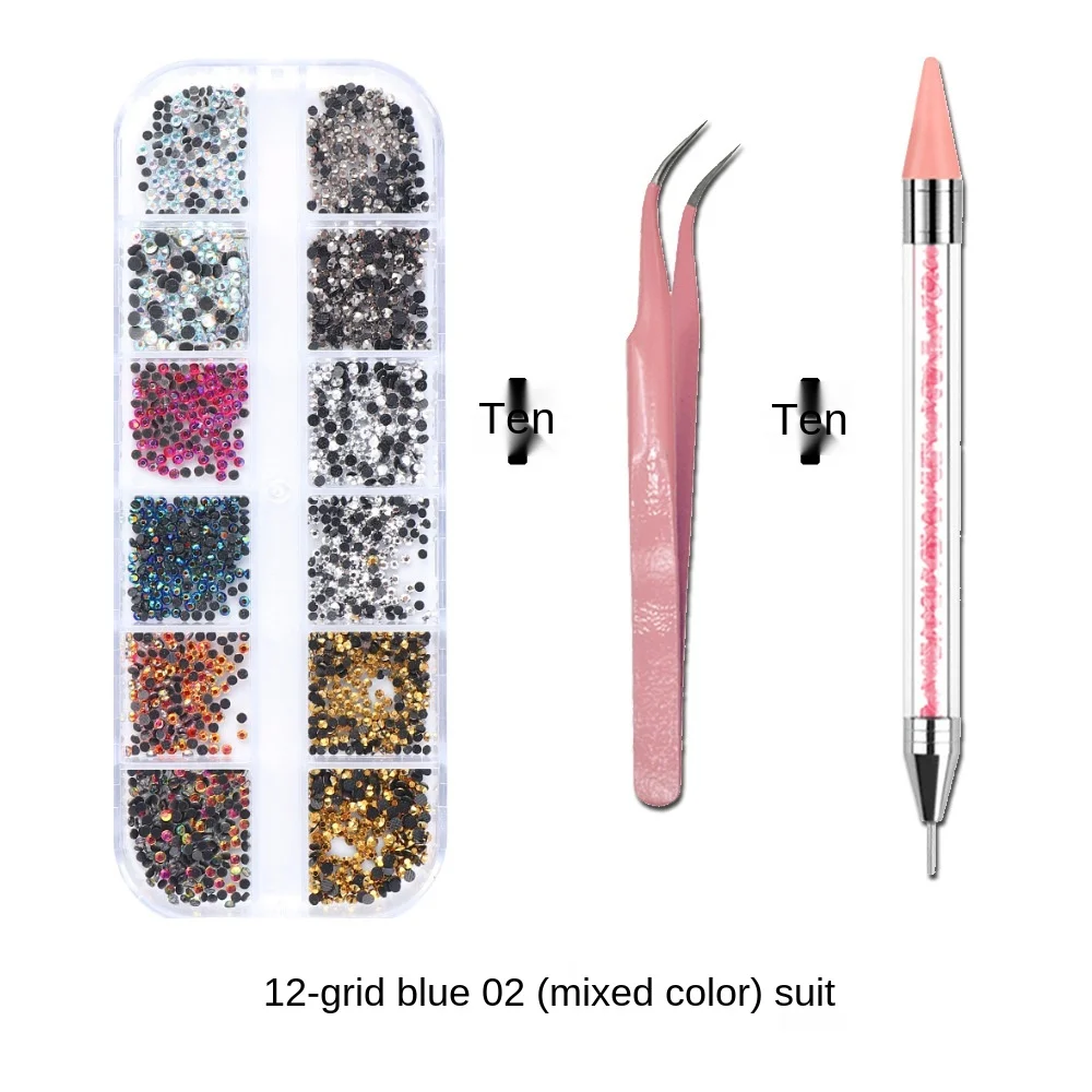 1Box Multi Size Glass Nail Rhinestones Mixed Colors Flat-back AB Crystal With tools 3D Charm Gems  Manicure Nail Art Decorations
