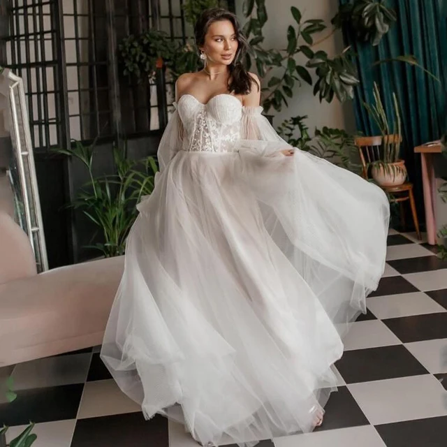 Eightree Pink Wedding Dresses Beach Boho Puff Sleeves Beading Princess Bridal Dress Off Shoulder Elegant Plus Size Wedding Gowns Ivory