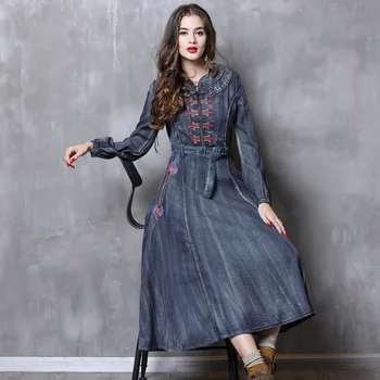 

2020 Autumn Dress Women Vintage Denim Dress Lapel Long Sleeve Irregular Hem Long Tops Jeans Shirts Oversized Vestidos