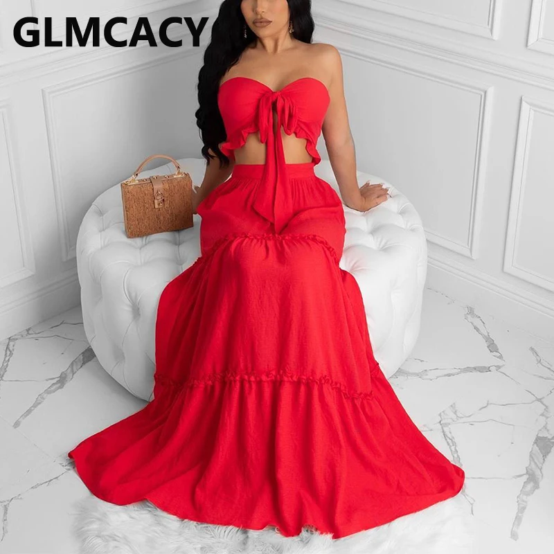 Matching Sets Two Piece Dress Women Strapless Cami Top & High Waist Skirt Solid Chic Plus Size Suit Matching Sets Two Piece Dress Women Strapless Cami Top & High Waist Skirt Solid Chic Plus Size Suit