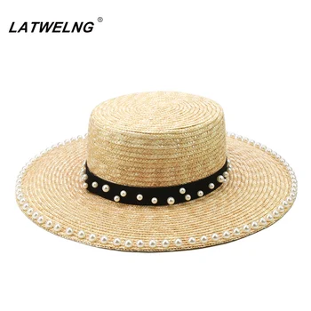 

fashion women pearl straw hats handmade summer visor beach hat 7.5cm,10cm brim