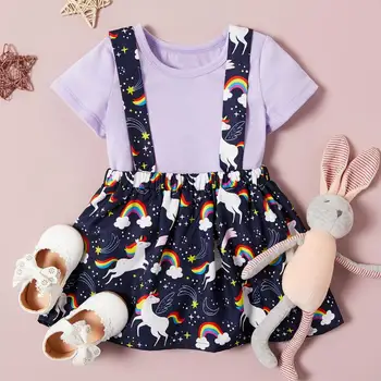 

PatPat 2020 Summer New Baby Toddler Girls Solid Top and Suspender Unicorn Rainbow Allover Skirt Set Short Sleeve Dresses