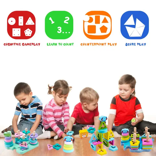 Wooden Puzzles Building Block Montessori Toys Wood Educational Geometric Shapes Recognition Stack Sort Education Puzzle Toy 3
