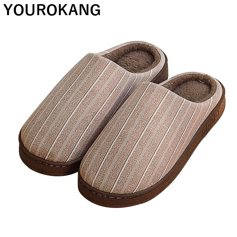 

Men Slippers Winter Male Shoes Home Slippers Striped Non-slip Warm Indoors Bedroom Floor Couple Shoes Family Cotton Footwear