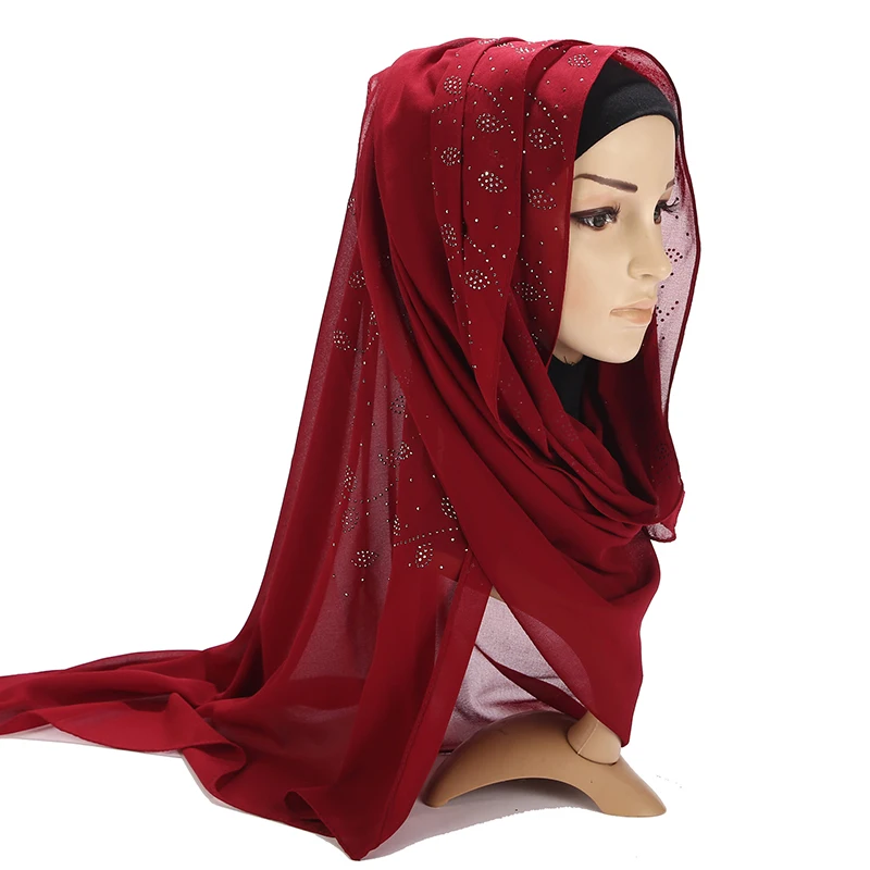Muslim Shawls Wrap Long Scarf Women Hijab Pearl Chiffon Glitter Rhinestone Small Tree Leaves Malaysia Headscarf 72*175cm | Тематическая